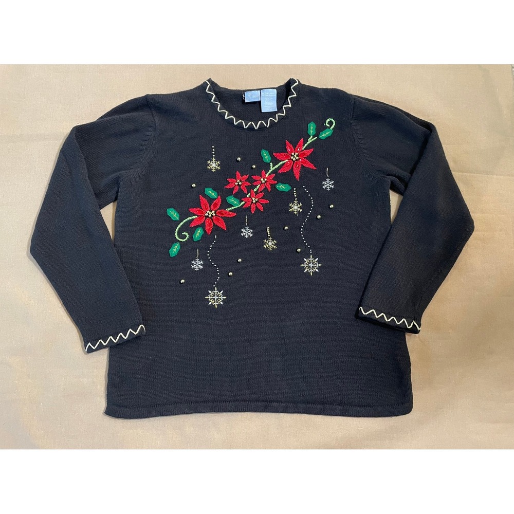Vintage Y2K Holiday Editions Christmas Sweater Sz XL Black Embroidered Beaded
